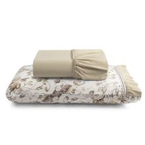 Jogo Cama Lençol Fiore Solteiro Estampado 180 Fios 100% Algodão com Babadinho 2 Peças Bege Floral