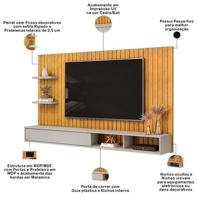 Painel Ripado TV 60 Pol com Bancada Suspensa 179cm Joan D05 Cedro Bali - Lyam Decor