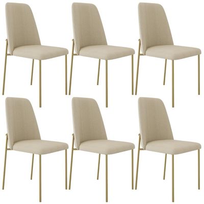 Kit 06 Cadeiras Decorativa Estofada Para Sala De Jantar Dourada Bella L02 Linho Bege Escuro - Lyam Decor
