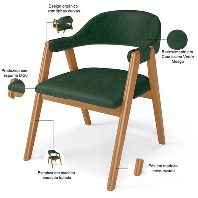 Kit 06 Cadeiras de Jantar e Estar Living Estofada Nadja L02 Couríssimo Verde Musgo - Lyam Decor