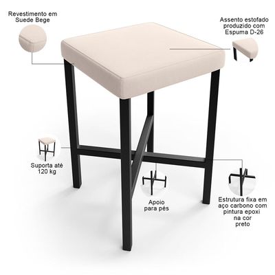 Banqueta Baixa Bar Cozinha Sala De Jantar Preto Stella L02 Suede Bege - Lyam Decor