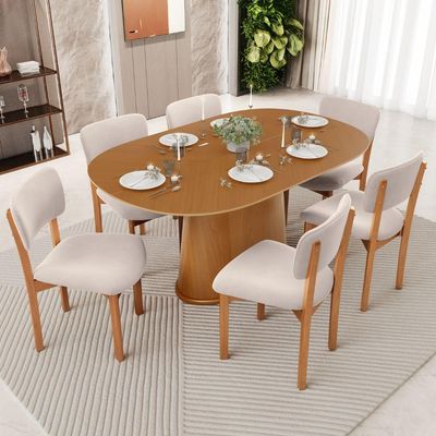 Mesa Para Sala de Jantar Valência com 06 Cadeiras Sala de Jantar Dara L02 Suede Bege - Lyam Decor