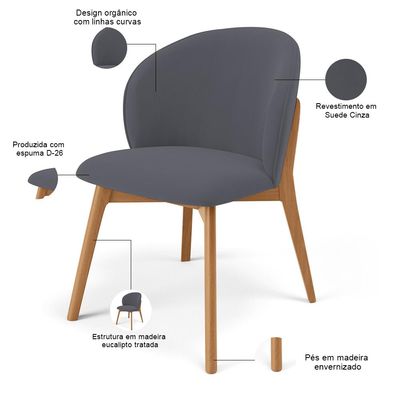 Kit 03 Cadeiras de Jantar e Estar Living Estofada Mia L02 Suede Cinza - Lyam Decor