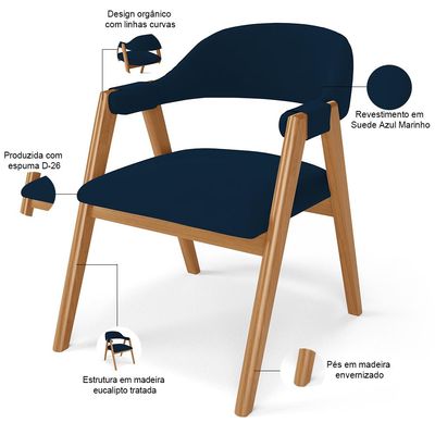 Kit 03 Cadeiras de Jantar e Estar Living Estofada Nadja L02 Suede Azul Marinho - Lyam Decor