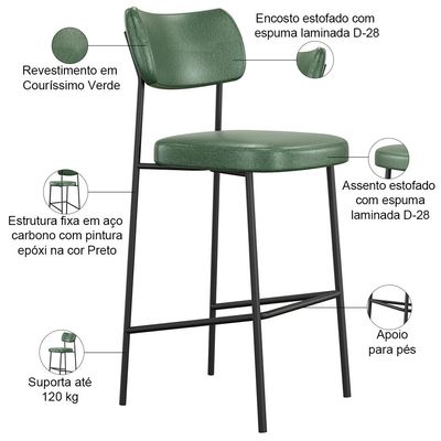Banqueta Alta Bar Cozinha Sala De Jantar Preto Melina L02 Couríssimo Verde - Lyam Decor