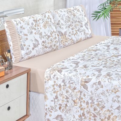 Jogo Cama Lençol Fiore Casal Padrão Estampado 180 Fios 100% Algodão com Babadinho 4 Peças Bege Floral