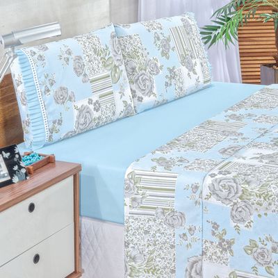 Jogo Cama Lençol Fiore Queen Estampado 180 Fios 100% Algodão com Babadinho 4 Peças Azul Floral