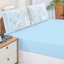 Jogo Cama Lençol Fiore Casal Padrão Estampado 180 Fios 100% Algodão com Babadinho 3 Peças Azul Floral