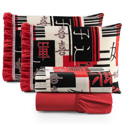 Jogo Cama Lençol Fiore King Estampado 180 Fios 100% Algodão com Babadinho 4 Peças Vermelho Oriental Japonês
