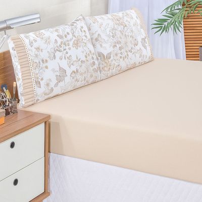 Jogo Cama Lençol Fiore King Estampado 180 Fios 100% Algodão com Babadinho 3 Peças Bege Floral