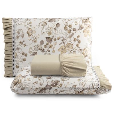 Jogo Cama Lençol Fiore King Estampado 180 Fios 100% Algodão com Babadinho 3 Peças Bege Floral