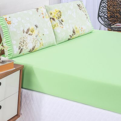 Jogo Cama Lençol Fiore King Estampado 180 Fios 100% Algodão com Babadinho 3 Peças Verde Floral