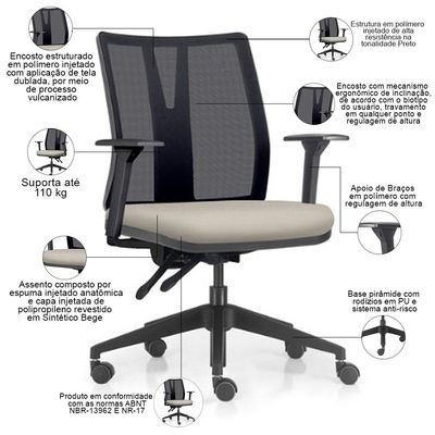 Kit 2 Cadeiras de Escritório Giratória Diretor Flow F02 Base Preta Sintético Bege - Lyam Decor