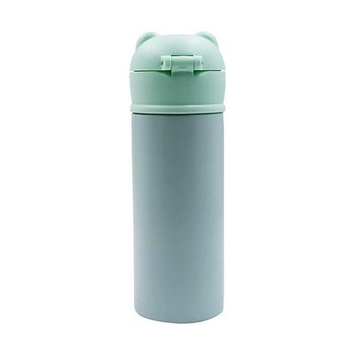 Garrafa Térmica De Ursinho Verde Infantil Com Canudo De Silicone E Trava 420ml Em Aço Inoxidável