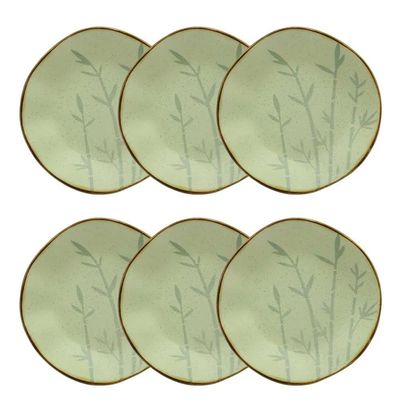 Jogo de 6 Pratos Fundos Oxford Ryo Bambu Marrom e Verde 22,5cm Porcelana