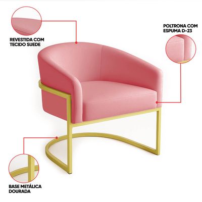 Poltrona Sala Decorativa Industrial Dourada Kit 2 Arielle Suede Rosê D03 - D'Rossi