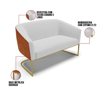 Namoradeira e 2 Poltronas Industrial Dourado Stella Noz/Linho Cinza D03 - D'Rossi
