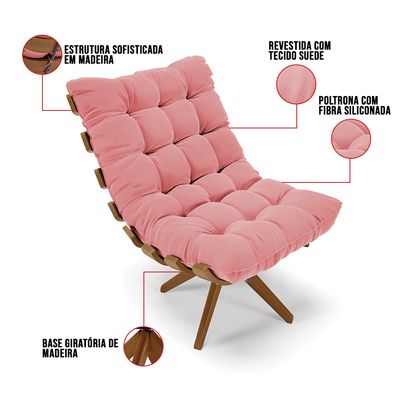 Poltrona Giratória Costela Suede Rosê Base de Madeira MA30 M11 - D'Rossi