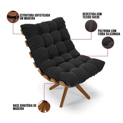 Poltrona Giratória Costela Suede Preto Base de Madeira MA30 M11 - D'Rossi