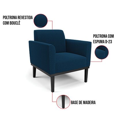Poltrona Sala Base Madeira Preto Kit 2 Marisa Bouclê Azul D03 - D'Rossi