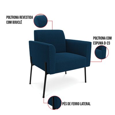 Poltrona Sala Estar Pé Ferro Preto Kit 2 Marisa Bouclê Azul D03 - D'Rossi