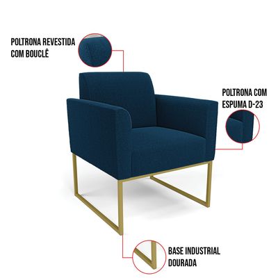 Poltrona Sala Estar Industrial Dourado Kit 2 Marisa Bouclê Azul D03 - D'Rossi