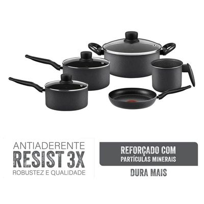 Jogo de Panelas Rochedo Robusta 5 Peças Antiaderente Resist 3X Tampa Vidro Grafite