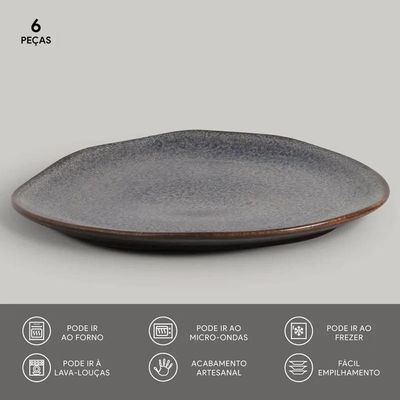 Conjunto de Pratos Rasos Ovais Porto Brasil Orgânico Titanium Azul Escuro 31cm - 6 Peças