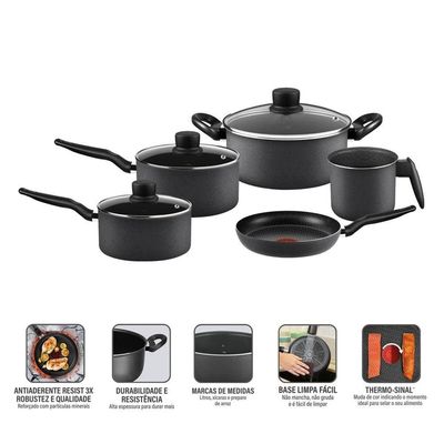 Jogo de Panelas Rochedo Robusta 5 Peças Antiaderente Resist 3X Tampa Vidro Grafite