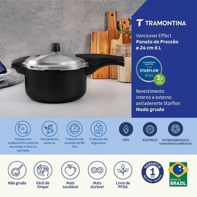 Panela de Pressão 24 cm 6L Vancouver Effect Preta Tramontina