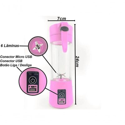 Mini Liquidificador Portátil Recarregável Usb 6 Lâminas Rosa