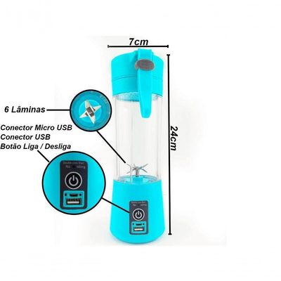 Mini Liquidificador Portátil Recarregável Usb 6 Lâminas Azul