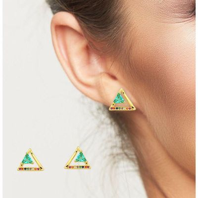 Brinco Triangulo Pedra Verde Banhado Ouro 18k - Pequeno