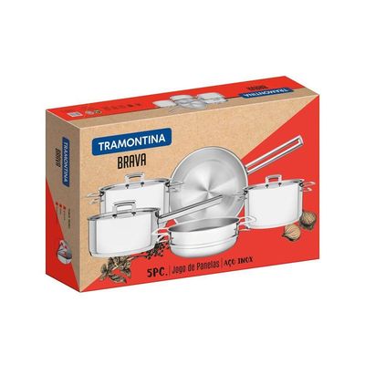 Jogo De Panelas Tramontina Brava Em Aço Inox Fundo Triplo Com Tampa Plana 5 Peças Tramontina