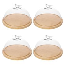 Kit 4 Porta Queijos de Bambu com Cúpula Vidro Queijeira Bird Tábua Frios Wolff
