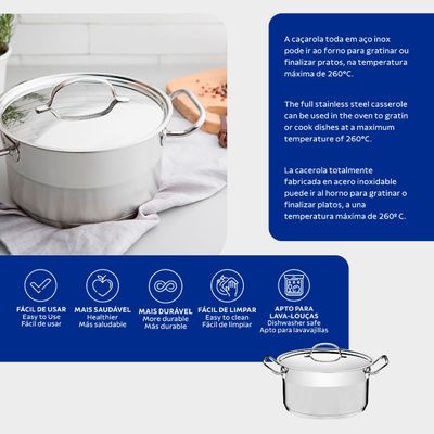 Caçarola Funda Tramontina Professional Aço Inox 6,1L com Tampa Plana e Fundo Triplo 24cm