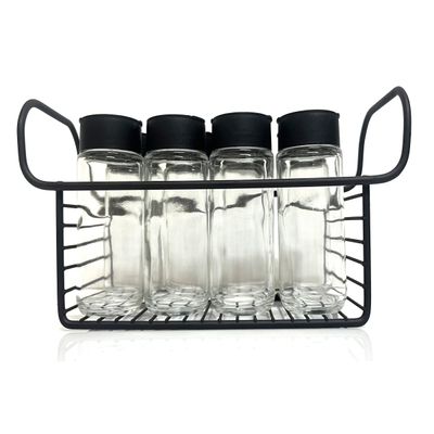 Porta Tempero Condimento 8 Potes Vidro Tampa Dosadora Suporte Preto Organização Cozinha
