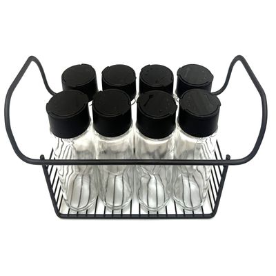 Porta Tempero Condimento 8 Potes Vidro Tampa Dosadora Suporte Preto Organização Cozinha