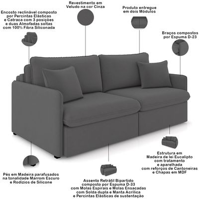 Sofá Cama Retrátil Para Sala de Estar 194cm Una K01 Veludo Cinza - Lyam Decor