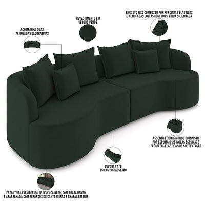 Sofá 4 Lugares Orgânico Sala De Estar Living 270cm Ekos K01 Veludo Verde - Lyam Decor