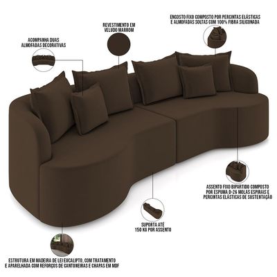 Sofá 4 Lugares Orgânico Sala De Estar Living 290cm Ekos K01 Veludo Marrom - Lyam Decor