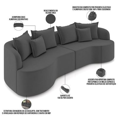 Sofá 3 Lugares Orgânico Sala De Estar Living 230cm Ekos K01 Veludo Cinza - Lyam Decor