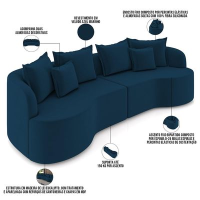 Sofá 4 Lugares Orgânico Sala De Estar Living 290cm Ekos K01 Veludo Azul Marinho - Lyam Decor