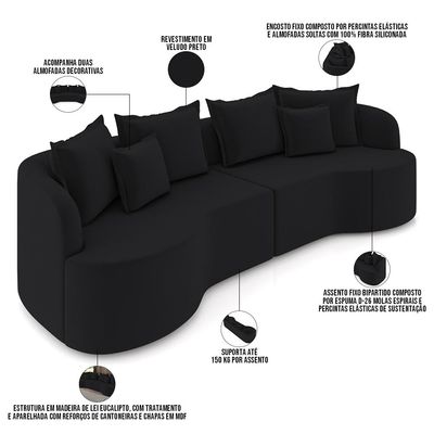 Sofá 4 Lugares Orgânico Sala De Estar Living 290cm Ekos K01 Veludo Preto - Lyam Decor