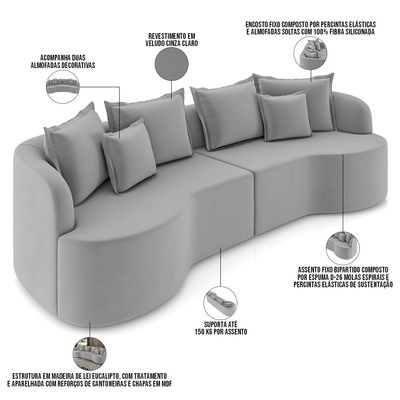 Sofá 4 Lugares Orgânico Sala De Estar Living 290cm Ekos K01 Veludo Cinza Claro - Lyam Decor
