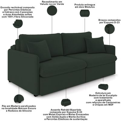 Sofá Cama Retrátil Para Sala de Estar 214cm Una K01 Veludo Verde Musgo - Lyam Decor