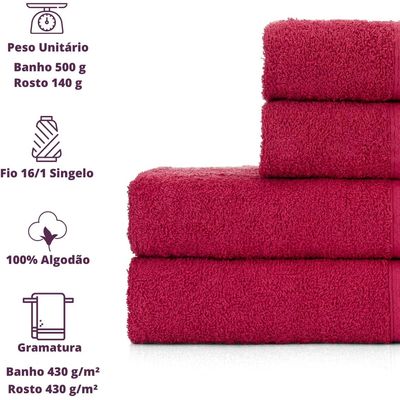 Jogo de Toalhas de Banho 4 Peças 100% Algodão Alta Absorção (2 Banho + 2 Rosto ) Padrão Hotel/Pousada - Cereja