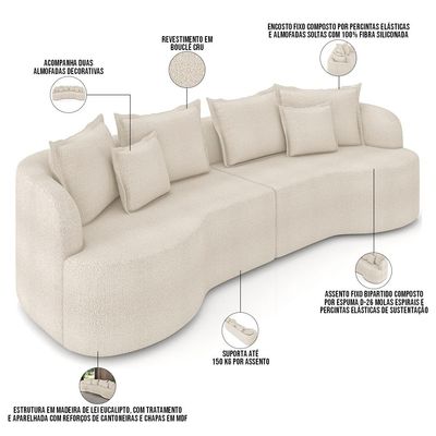 Sofá 3 Lugares Orgânico Sala De Estar Living 210cm Ekos K01 Bouclê Cru - Lyam Decor