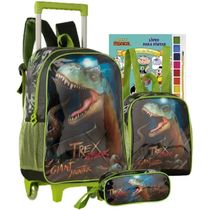 Kit Mochila T-rex De Dinossauro Rodinha Escolar Infantil Lancheira e Estojo