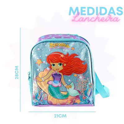 Kit 3 Peças Mochila de Rodinha Lancheira e Estojo Sereia dos Mares Menina